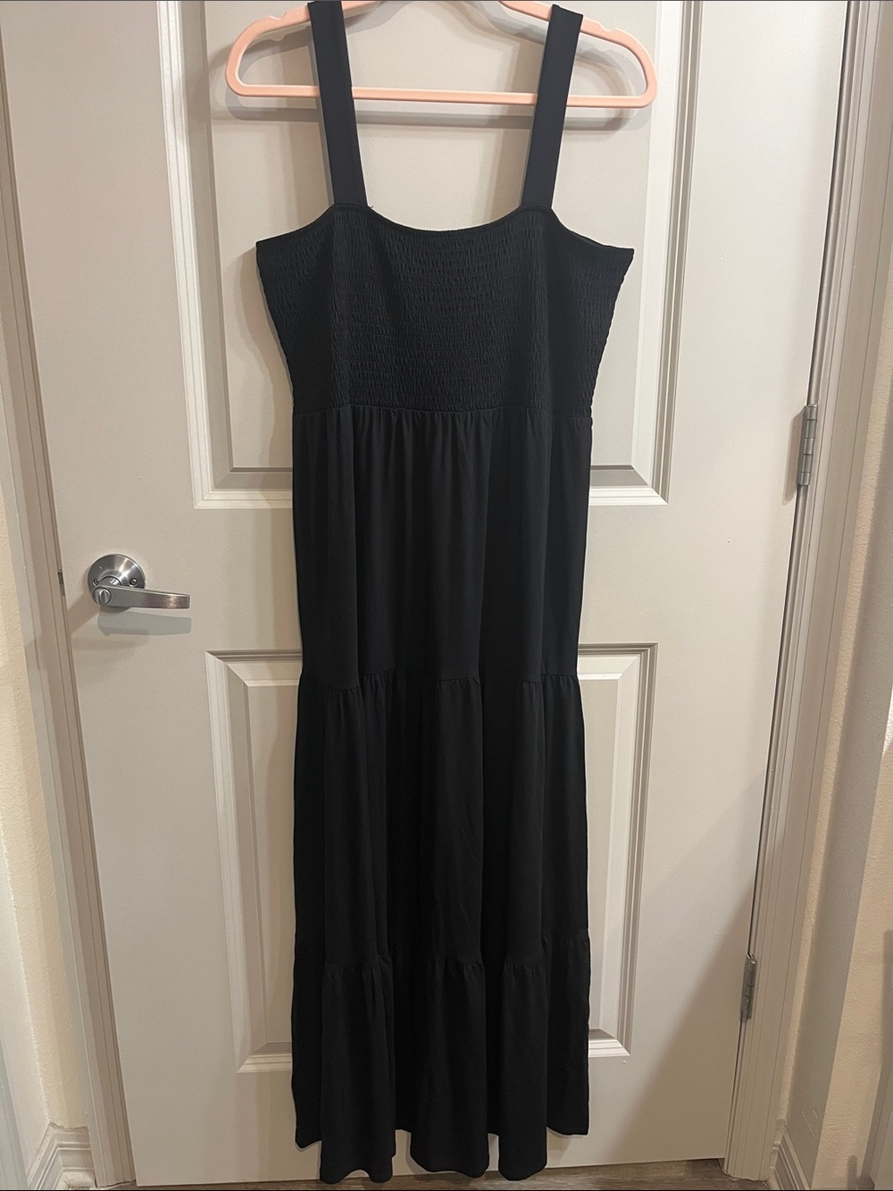 LOFT Black Smocked Tiered Maxi Dress with Wide Straps